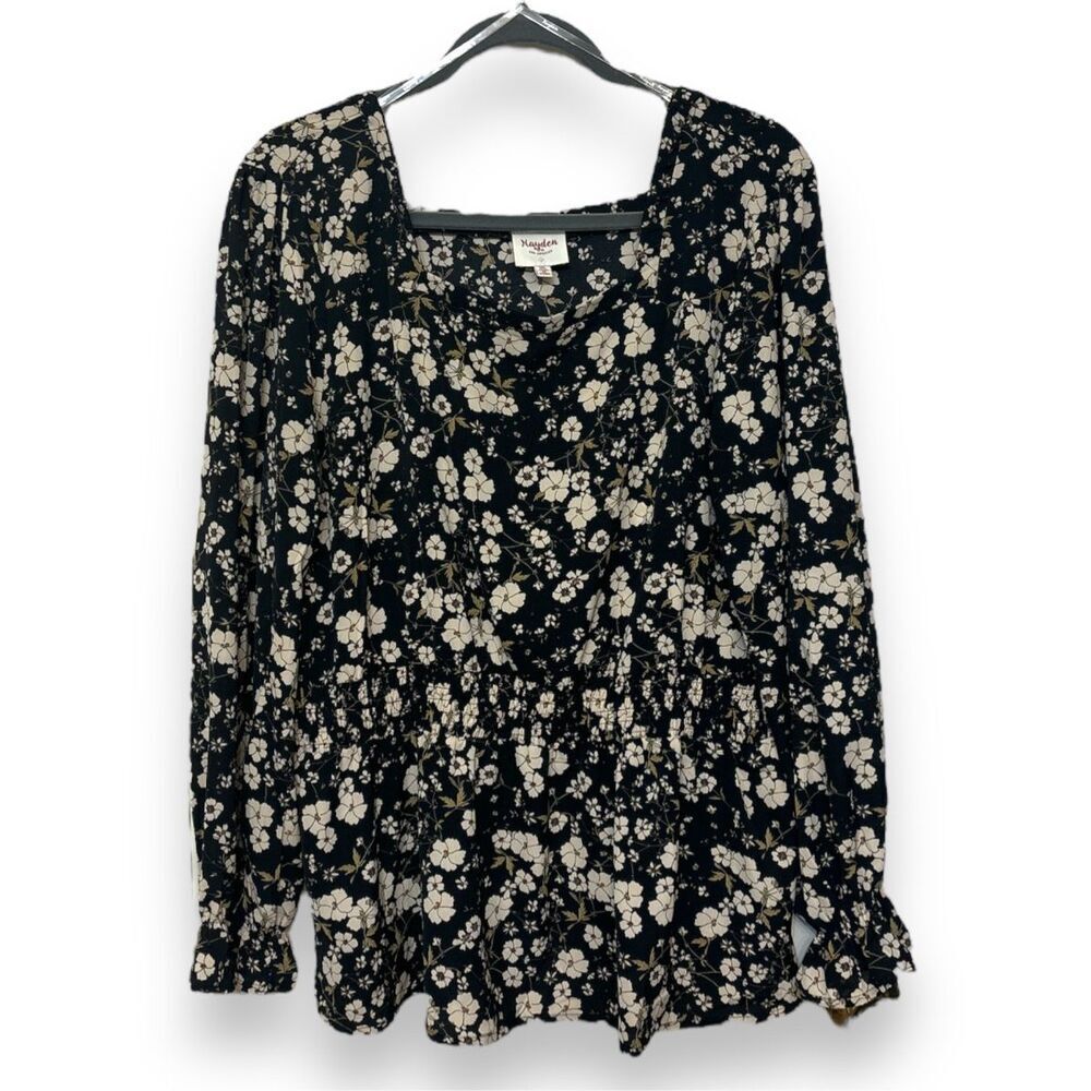 Hayden 1X Plus Floral Peplum Ruffle Blouse Square Neck Top Long Sleeve